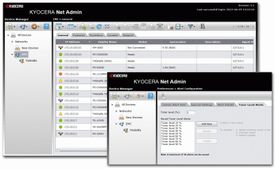 KYOCERA Net Admin screen with toner alert settings